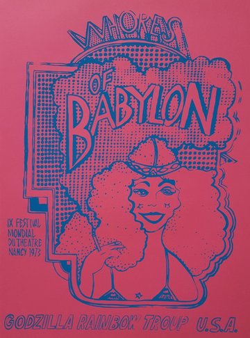 Affiche du spectacle "Whores of Babylon" par la Godzilla Rainbow Troup lor du 9e festival mondial du théâtre Nancy, 1973, 104 Fi 109