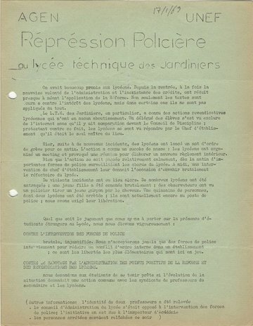 Tract "Répression policière au lycée technique des jardiniers", 101 Num 004